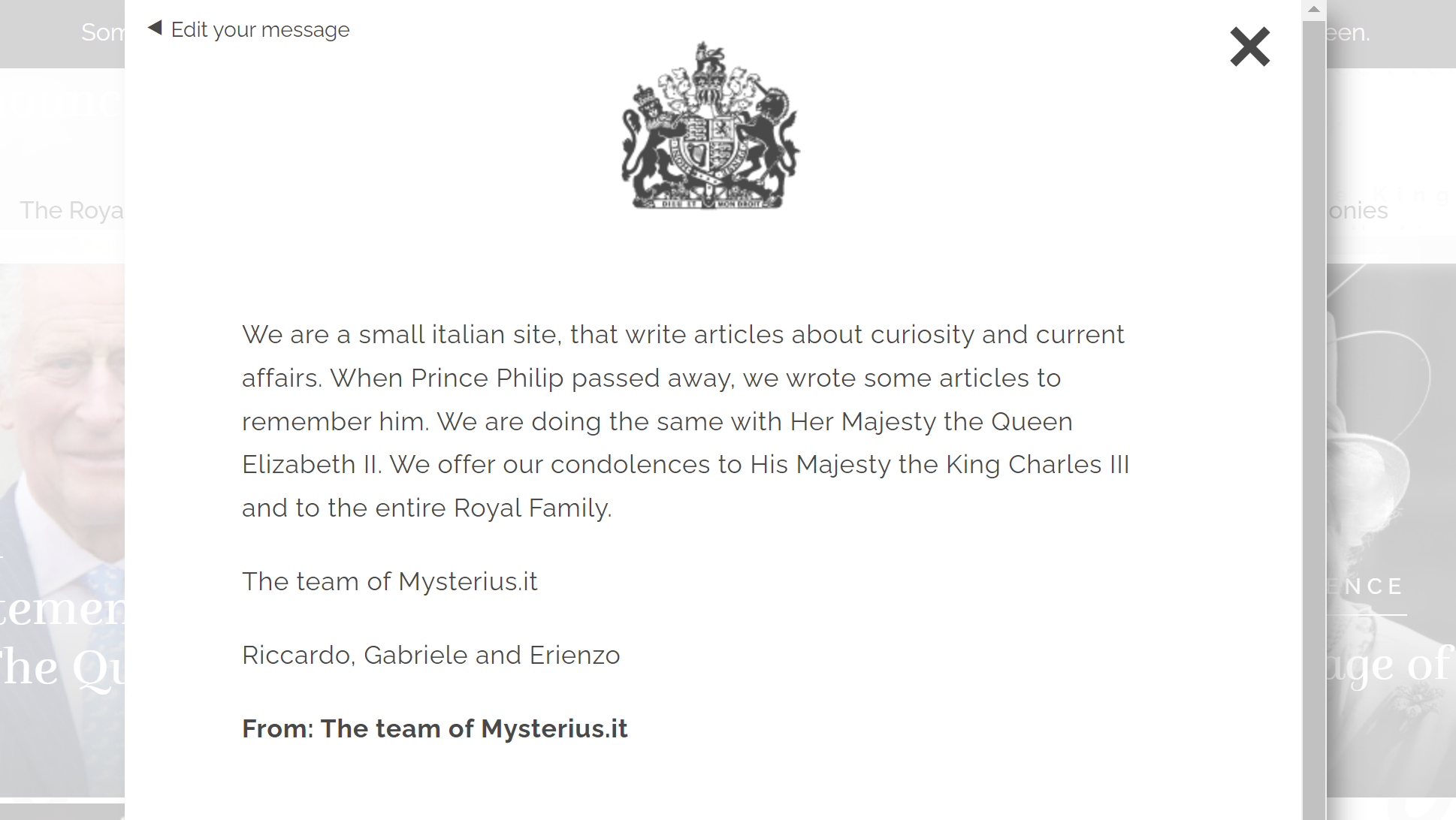 Messaggio di cordoglio di Mysterius.it alla Famiglia Reale per la scomparsa della Regina Elisabetta II